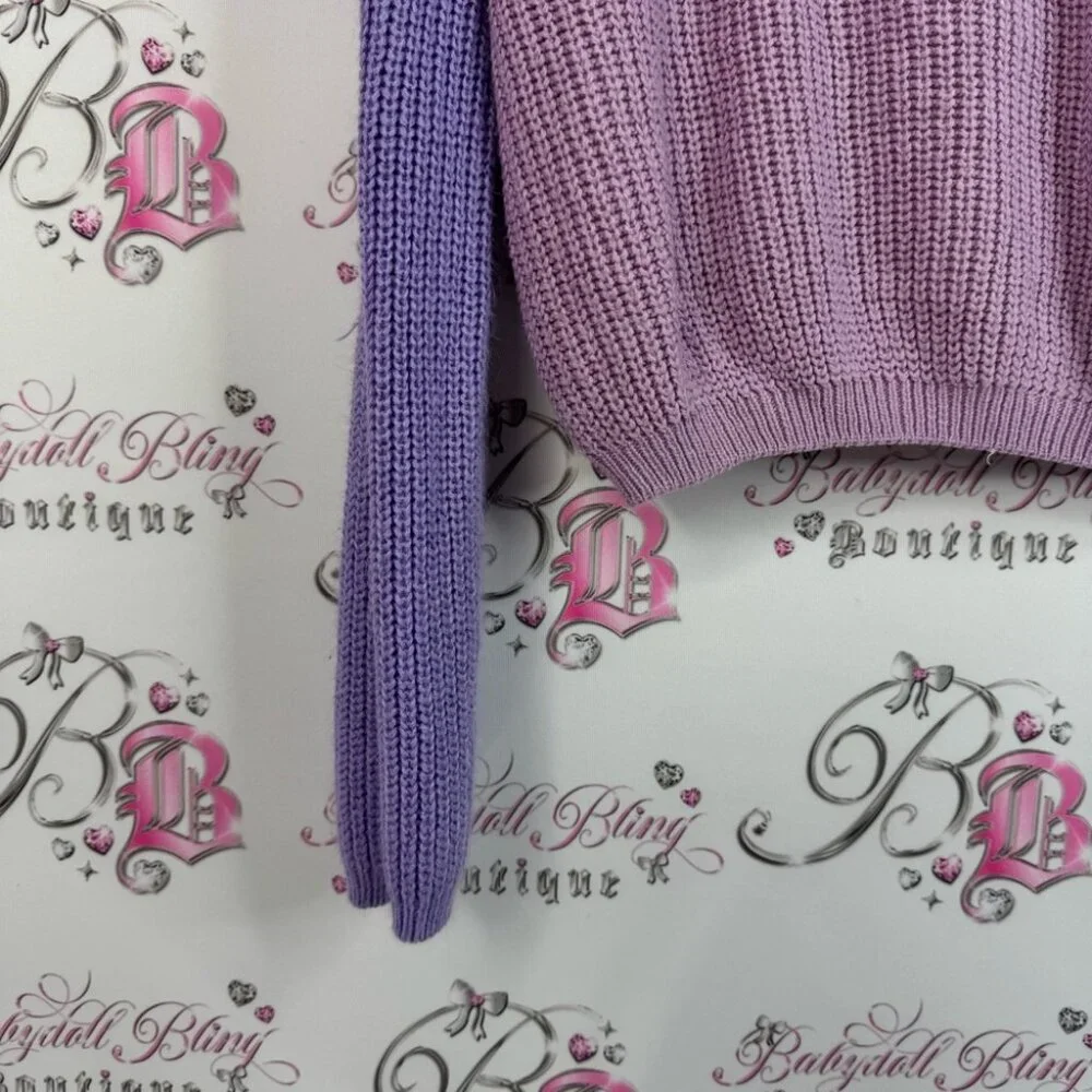 Ukids sweater knit color block knitted Elegant Purple and Cream V-Neck Sweater